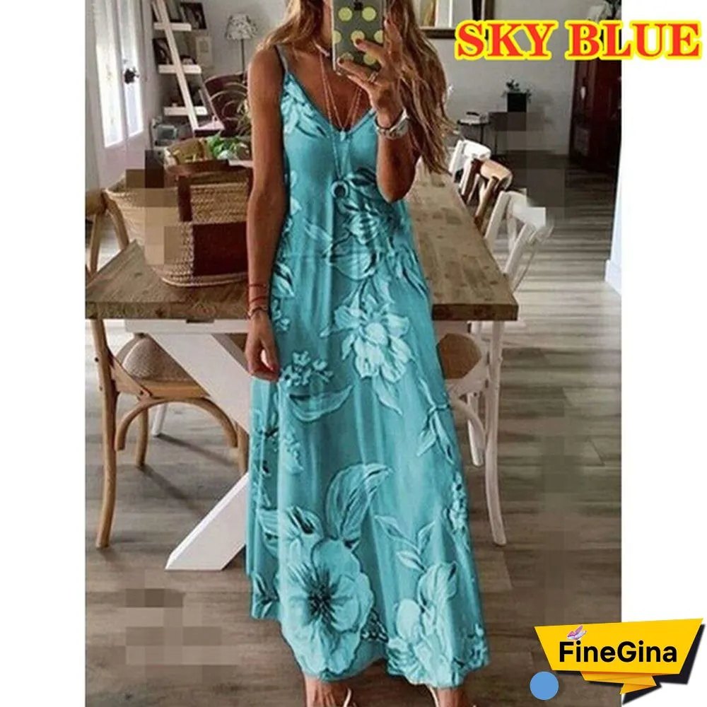 S-8XL Plus Size Vrouwen Maxi Jurk Zomer Casual Sexy Boho Gedrukt Lange Jurk Mouwloze V-hals Kleding Jurk Losse Vestido