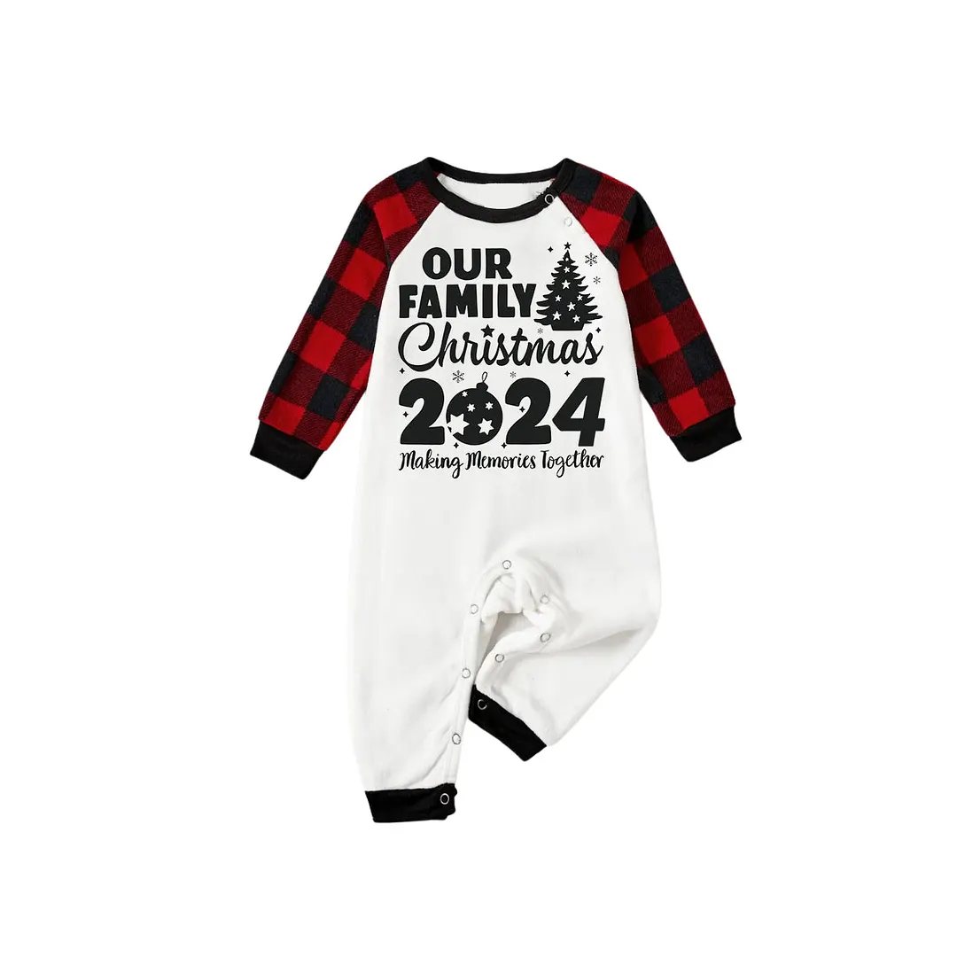 'Our Family Chirstmas 2024 Making Memories Together' Letter Print (Black) White Long Sleeve with Black&Red Plaid Pants Family Matching Pajamas