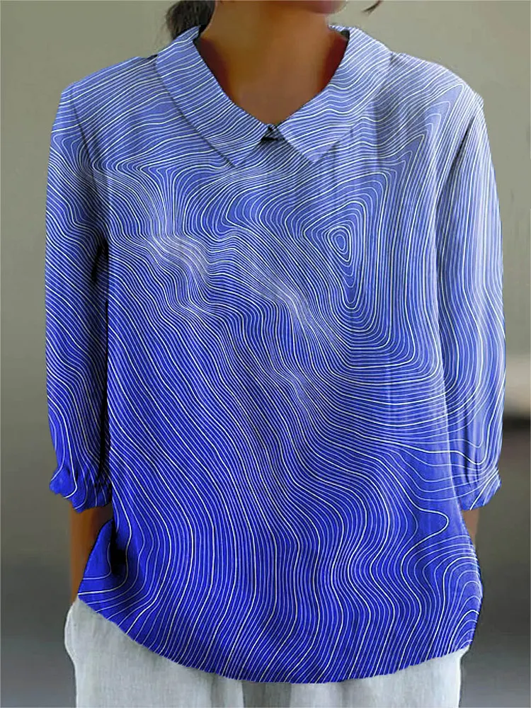 Women's Abstract Line Pattern Art Print Casual Cotton And Linen 3/4 Sleeve Shirt