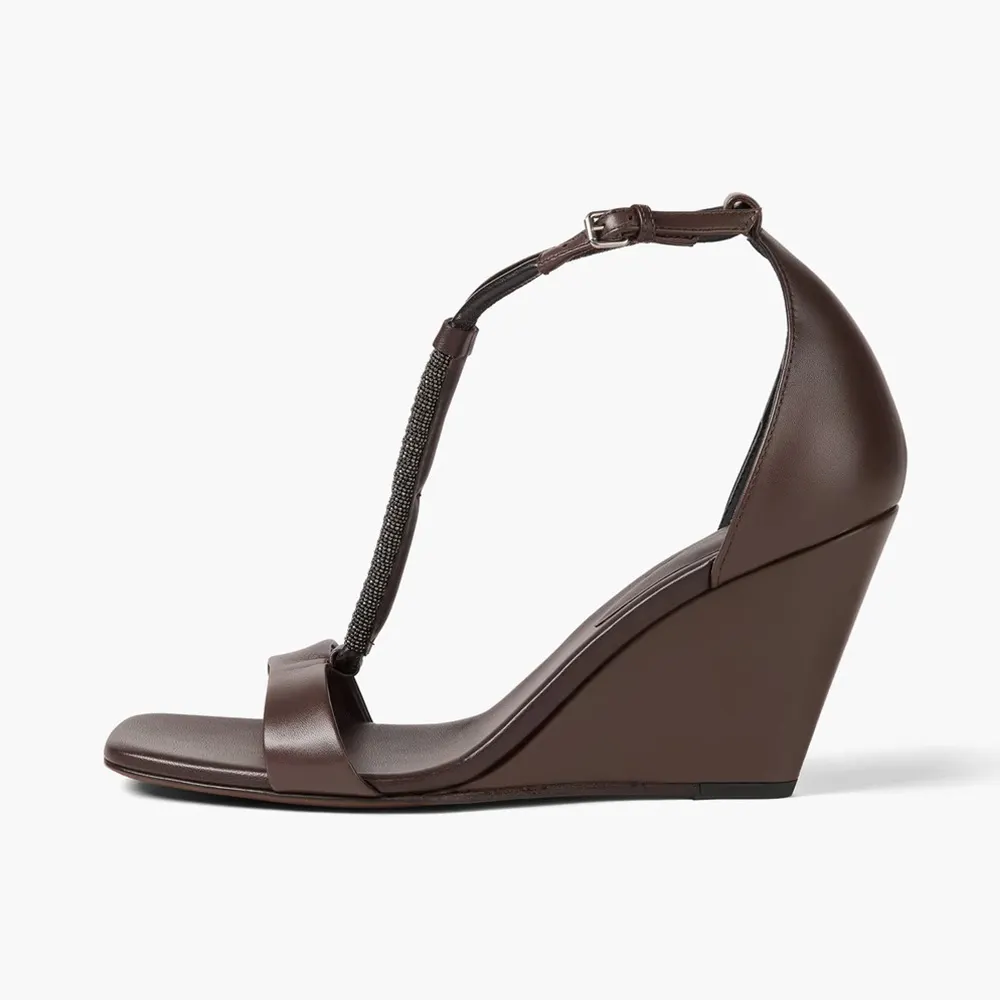 YDN Brown Open Square Toe Beaded T-Strap Trendy Wedge Sandals