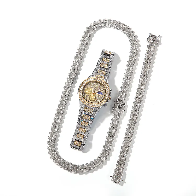 Iced Out Cuban Chains Round Watches Bracelets Set Hip Hop Bling Bling Necklaces