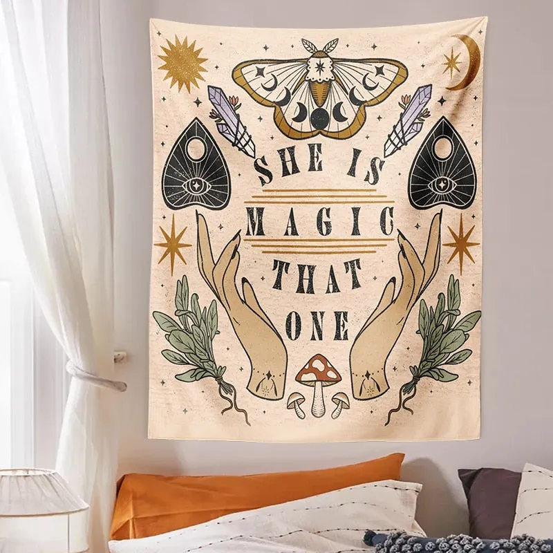 Magic Moon Tapestry Wall Hanging Tarot Card Butterfly Moon phase Astrology Divination Beach Mat Sun Moon Wall Art Decor
