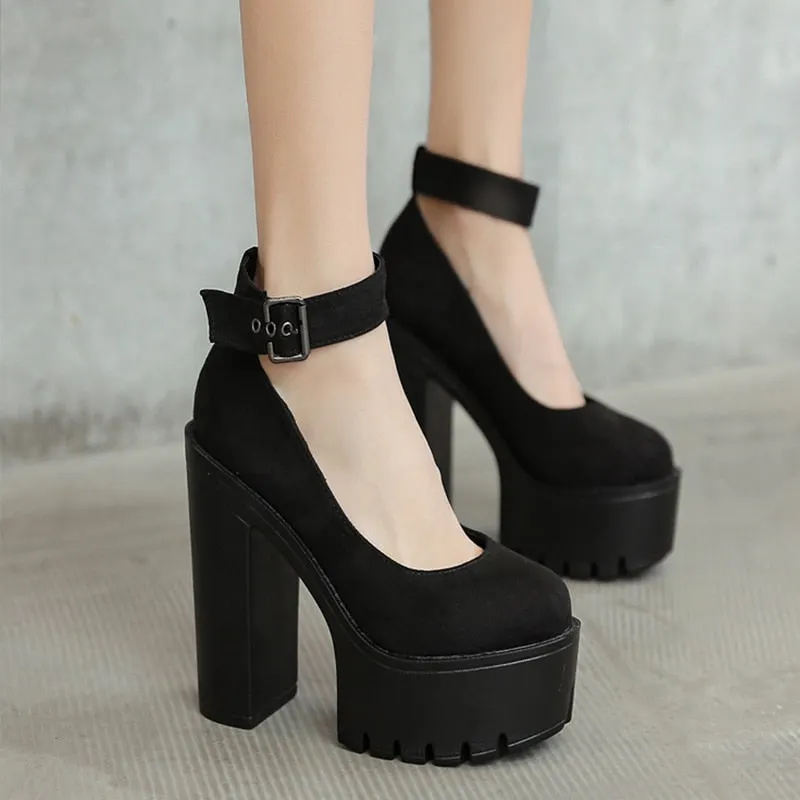 Gdgydh Spring Autumn Womens Chunky Block High Heel Platform Shoes Ankle Strap Buckle Pumps Gothic Punk Shoes For Model Nightclub