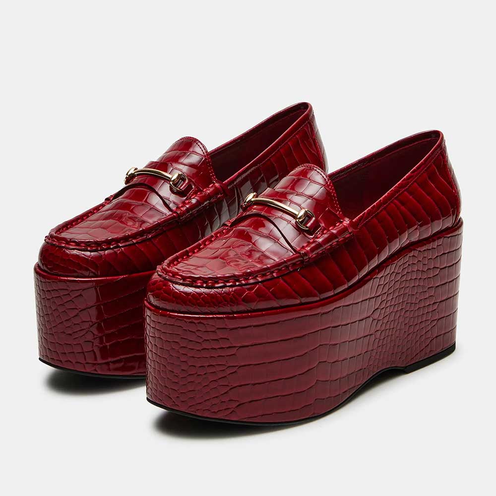 Vintage Red Croco Embossed Horsebit Platform Loafers for Women