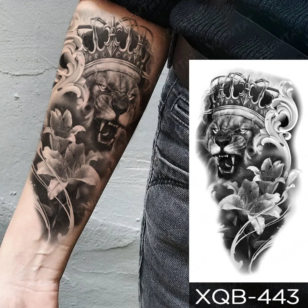Sdrawing Temporary Tattoo Stickers Fox Lion Tiger Wolf Peony Rose Flowers Leaf Flash Tatto Women Men Body Art Arm Fake Tattoos