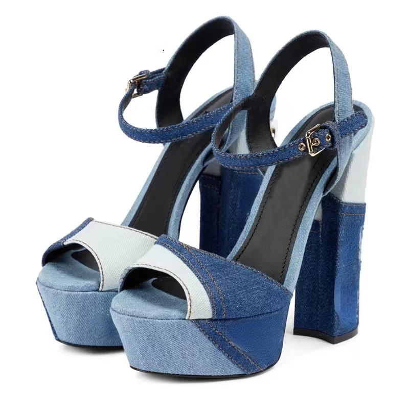 GOOSHOE Banquet Sandals For Women Denim Chunky Heels 43