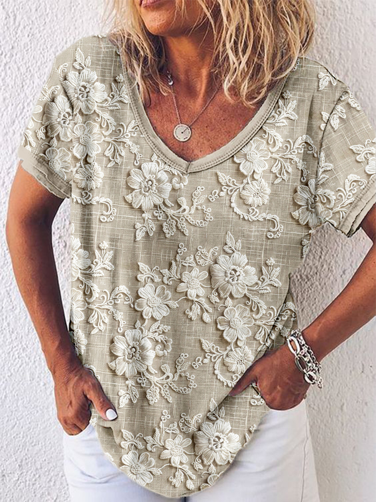 Elegant Floral Lace Embroidered V Neck Comfy T Shirt artswardrobe