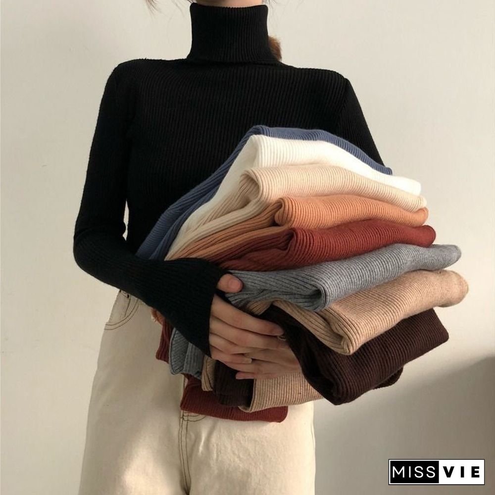Turtleneck Sweater Standard or Thick Autumn Winter Women Knit Ribbed Pullover Warm Soft Elastic Jumper Long Sleeve Slim Outfits