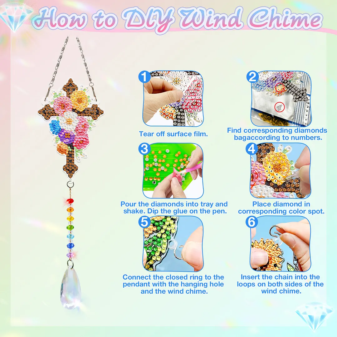 2Pcs Cross DIY Acrylic Diamond Painting Art Wind Chimes with Crystal Pendant Diamond Art Hanging Pendant Double-Sided for Adults Beginners Gift Home Garden Decor