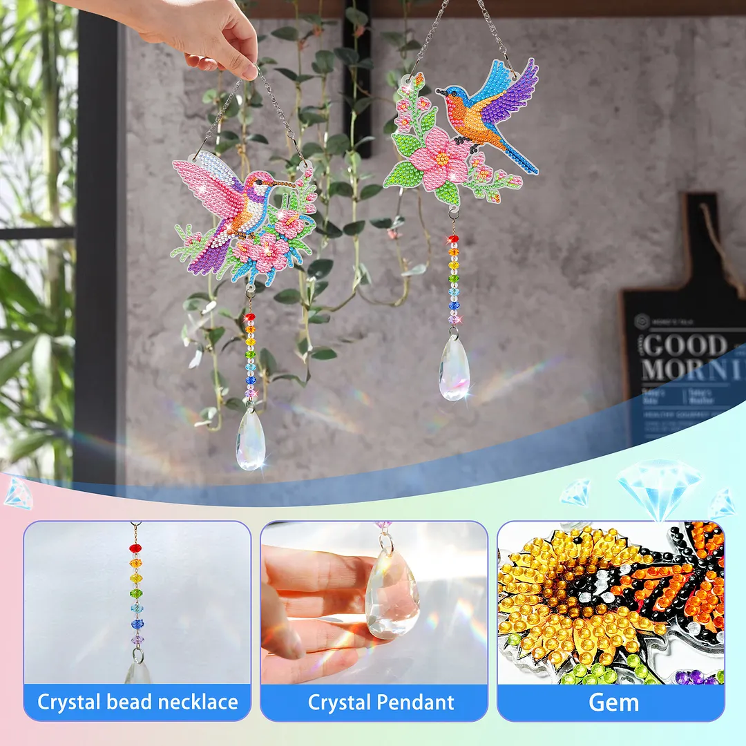 2Pcs Flowers and Hummingbirds DIY Double-Sided Diamond Painting Hanging Kits Diamond Painting Suncatcher Craft Kit for Home Garden Wall Decor Gift