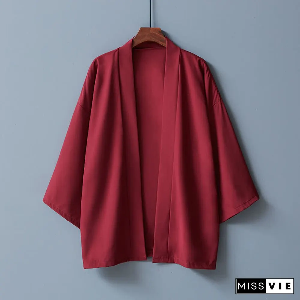 Vintage Pure Color Casual Cardigan Kimono Outerwear