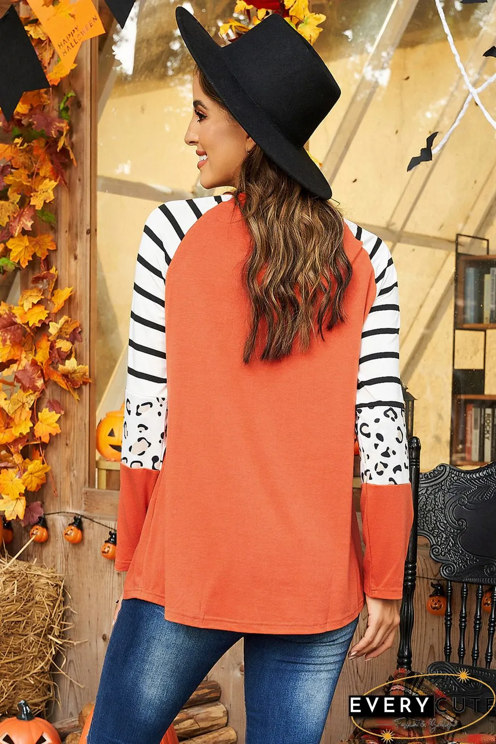 Orange Spooky Spider Web Striped Leopard Color Block Top