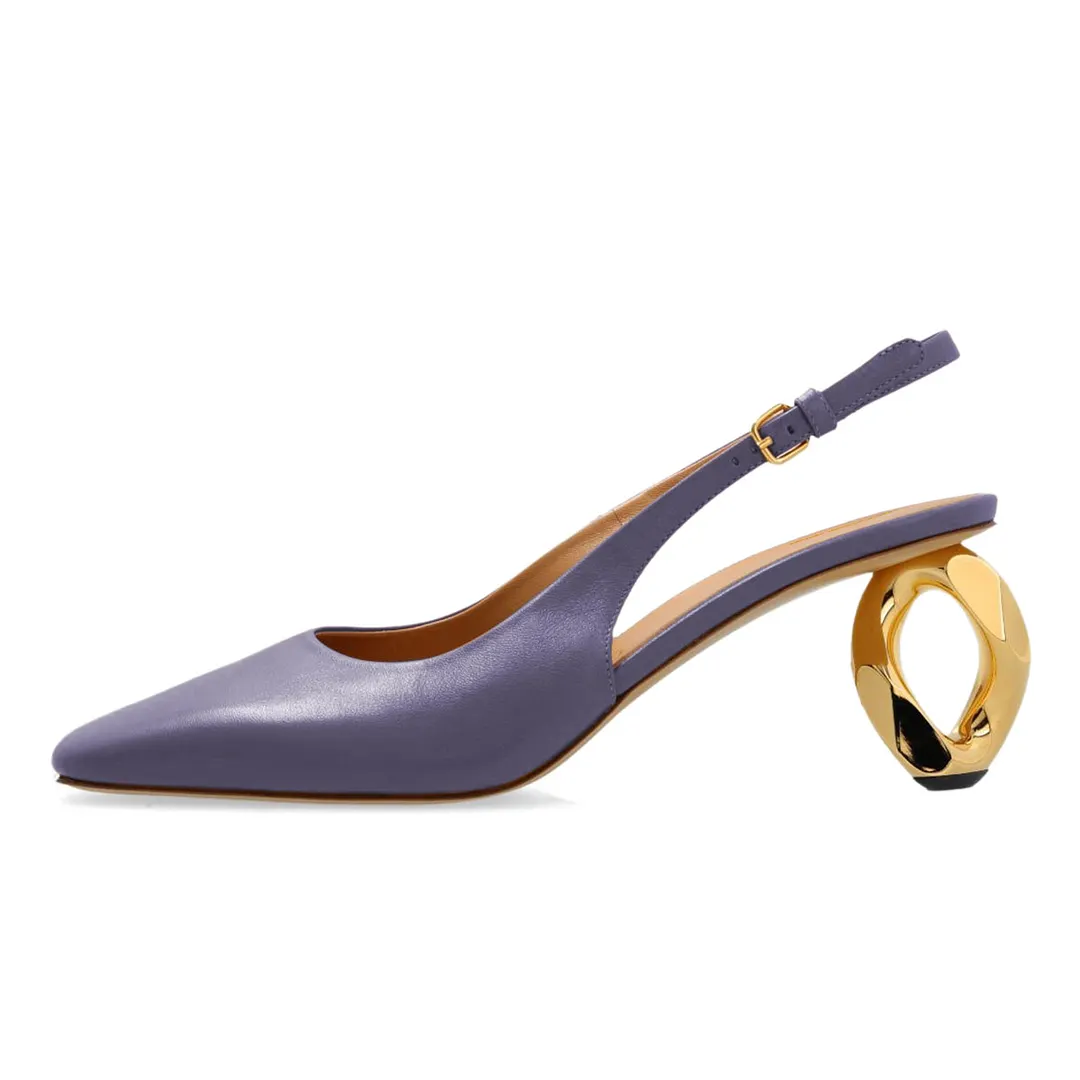 Purple Vegan Leather Square Toe Buckle Strap Slingback Heels