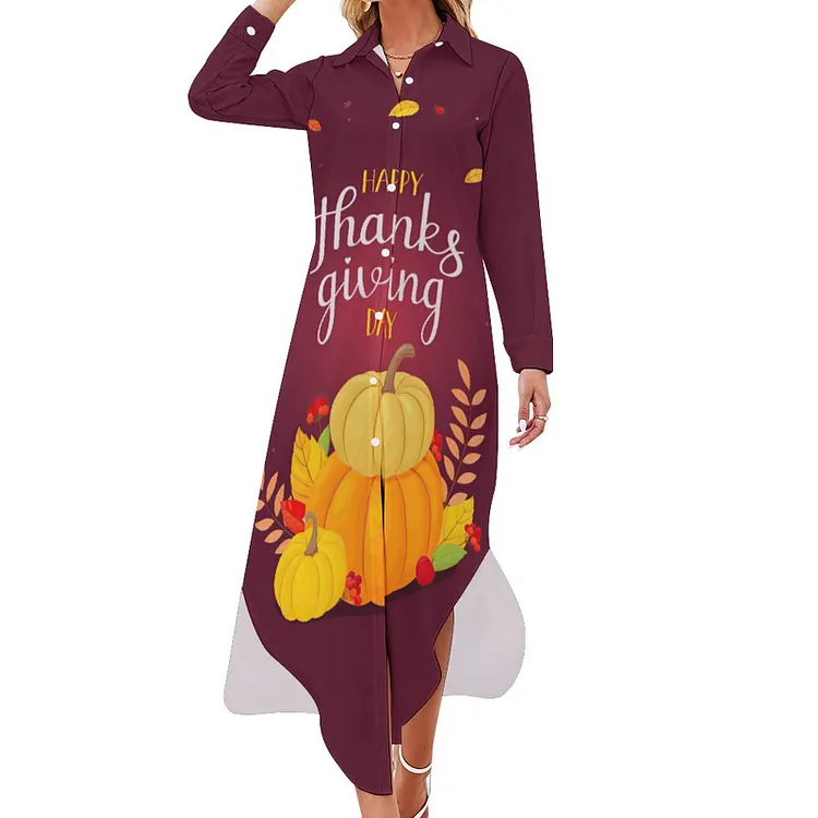 Personalized Design Women's Long Sleeved Shirt Dress Thanksgiving