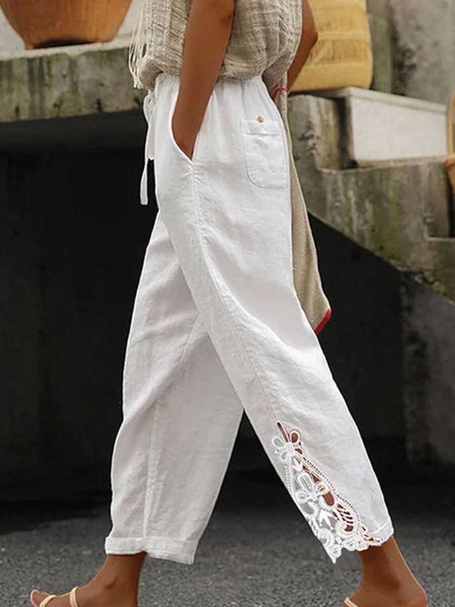 Solid Color Pocket Lace Cutout Casual Cropped Straight Pants