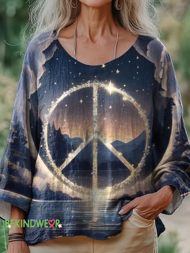 Peaceful Scenery Printed Casual Round Collar Cotton Linen Shirt Multicolor / S