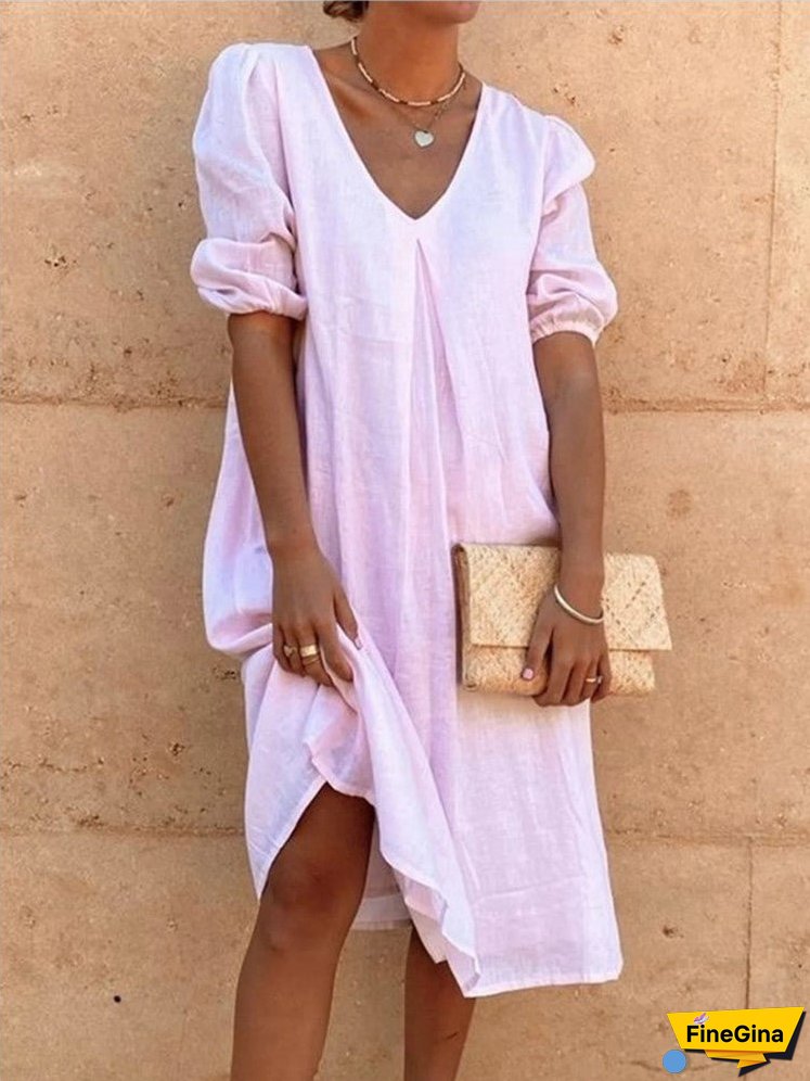 XIEYINSHE Europe and America Cross Border Wish Cotton Linen Solid Color Fashion Medium Long Sleeve Long Casual Mid-Length Dress
