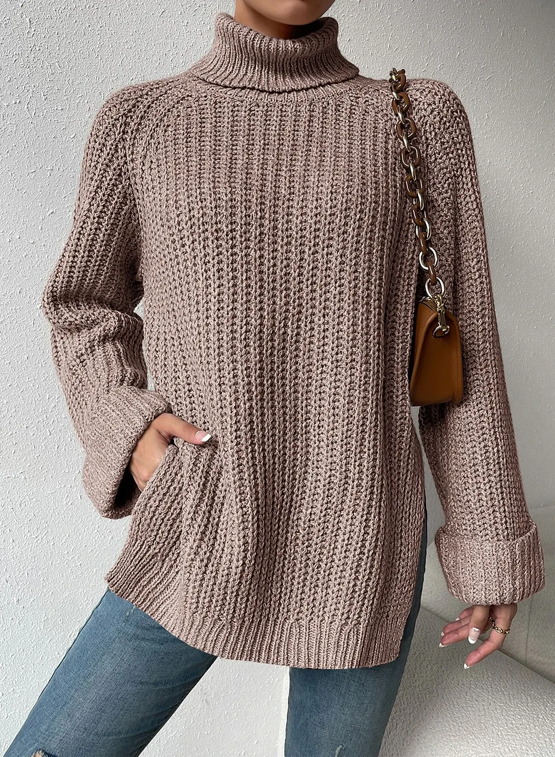 Turtleneck Raglan Sleeve Split Hem Jumper