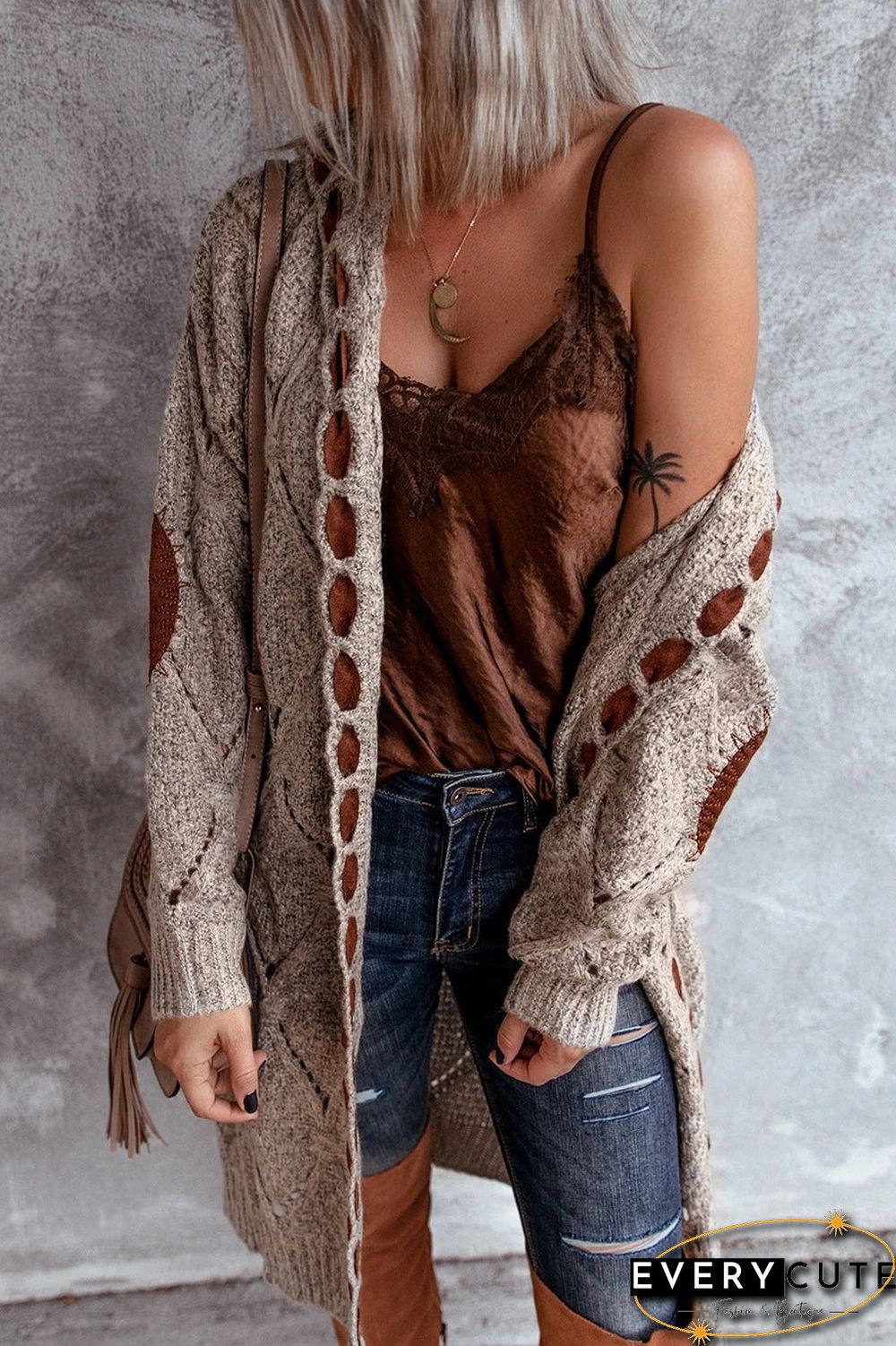 Open Front Knitted Knee Length Hooded Sweater Cardigan
