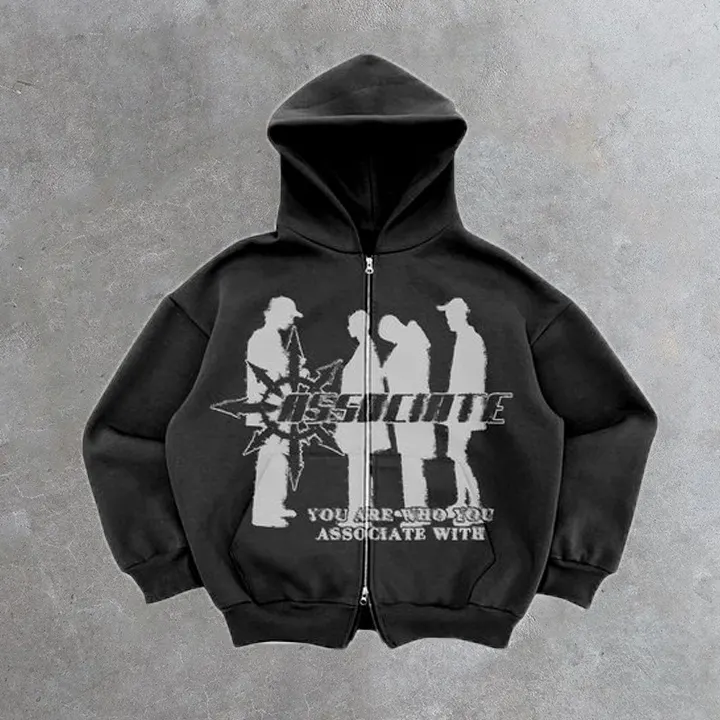Relaxed Vintage Associate Shadow Graphic Casual Street Hip Hop Oversized Zip Up Hoodie