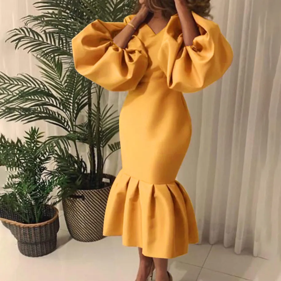 Brownm Commute Plus Size Women's Fashion Solid Color V-neck Bubble Long Sleeve Fishtail Dress