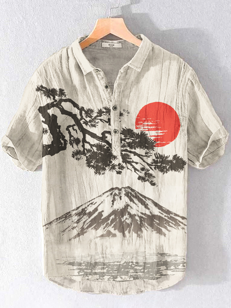 Pine & Mt. Fuji Japanese Art Linen Short Sleeve Shirt  artssus