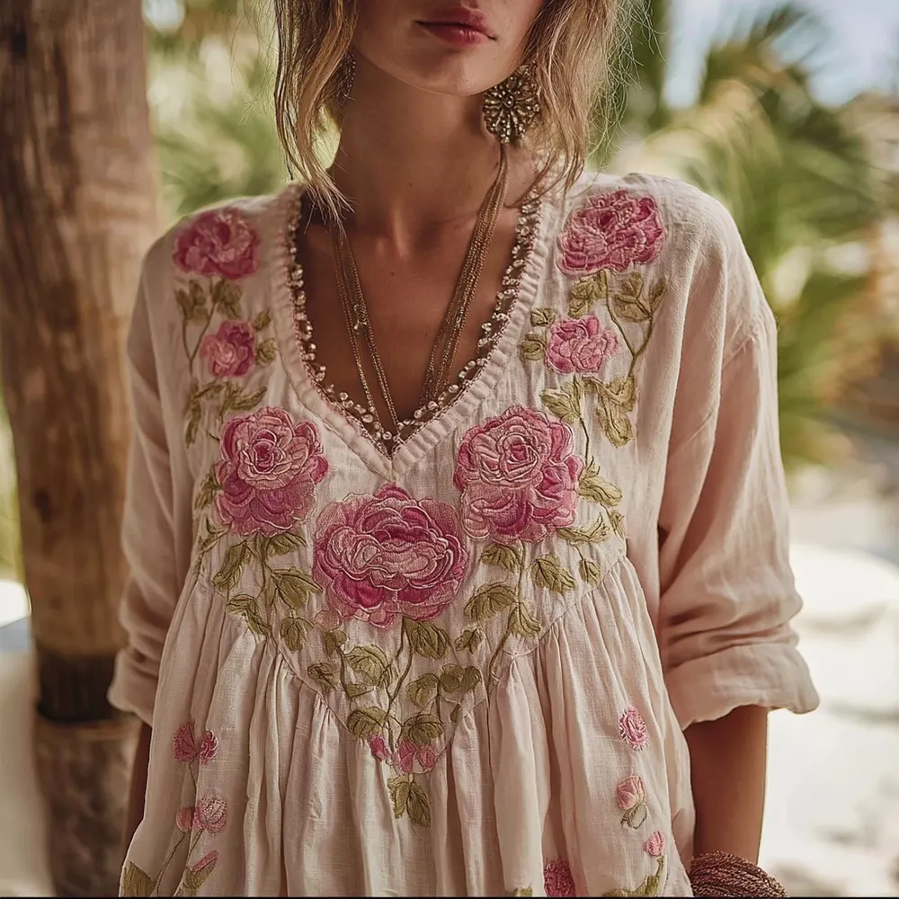 Vintage Boho Roses Embroidered Long Sleeve Linen Shirt
