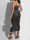 Spaghetti-Neck Beaded Decorate Bckless See-Through Sexy Slim Midi Dress