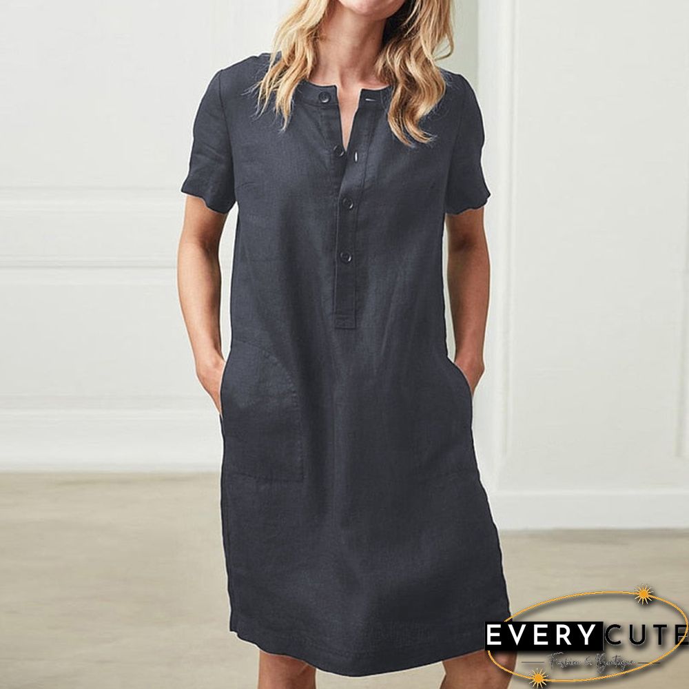 Spring Cotton Linen Dress Fashion Button O-Neck Knee Party Dress Summer Women Casual Short Sleeve Pocket Solid Dresses