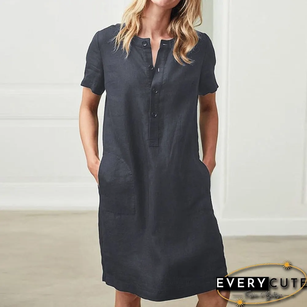 Spring Cotton Linen Dress Fashion Button O-Neck Knee Party Dress Summer Women Casual Short Sleeve Pocket Solid Dresses