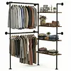 [US Local Warehouse] 14.6x76x82.7Inch Industrial Pipe Clothing Rack with Hanging Rods Heavy Duty Clothes Organizer Large Capacity Display Hanging Garment Rod Wooden Clothes Storage Shelves for Walk In Closet