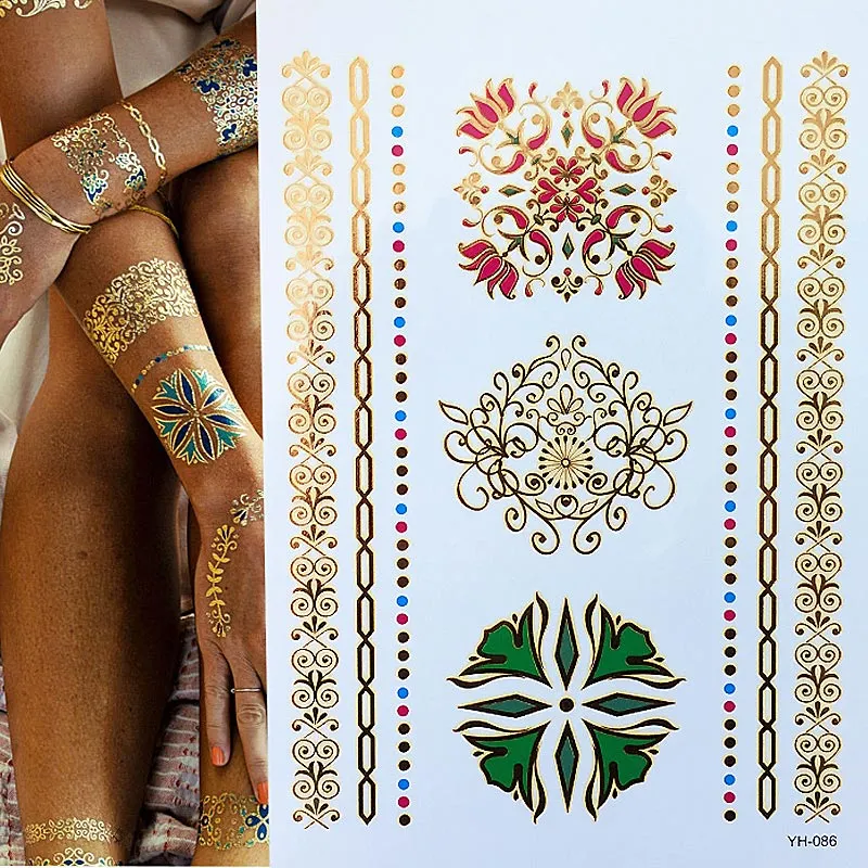 Temporary Tattoos Gold Silver Metallic Tattoo Arm Body Tattoo Cool Bracelet Style Girl DIY Golden Flash Tattoos