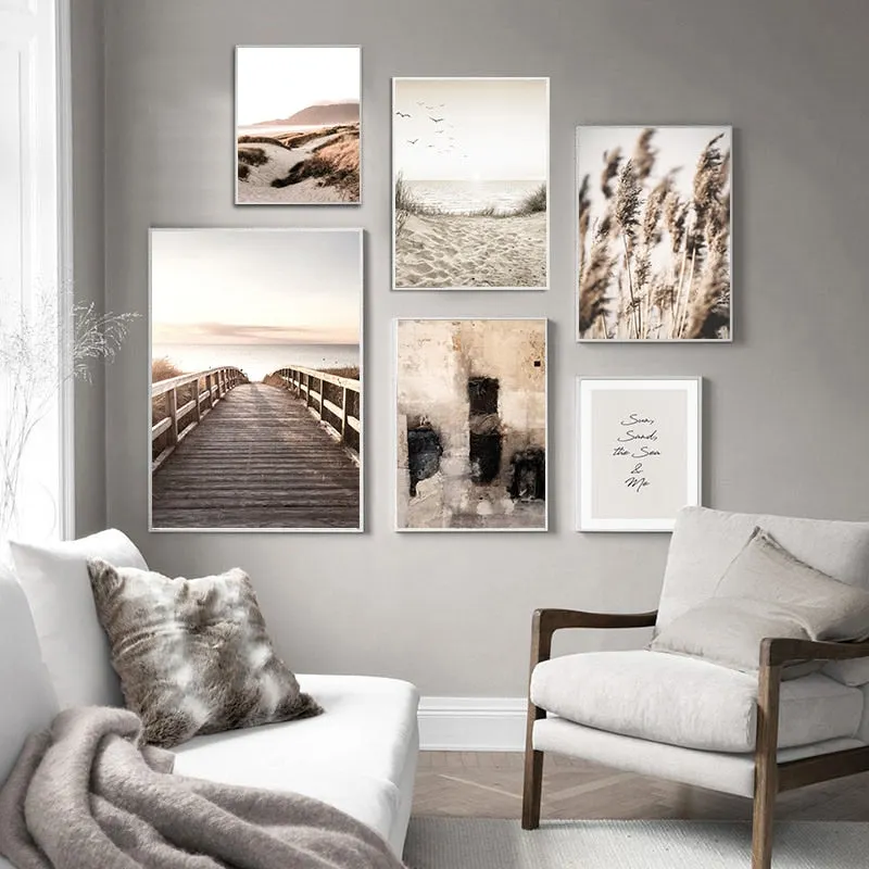 Scandinavian Nature Landscape Canvas Painting Grass Bridge Beach Sunset Wall Art Poster Nordic Print Modern Picture Home Decor