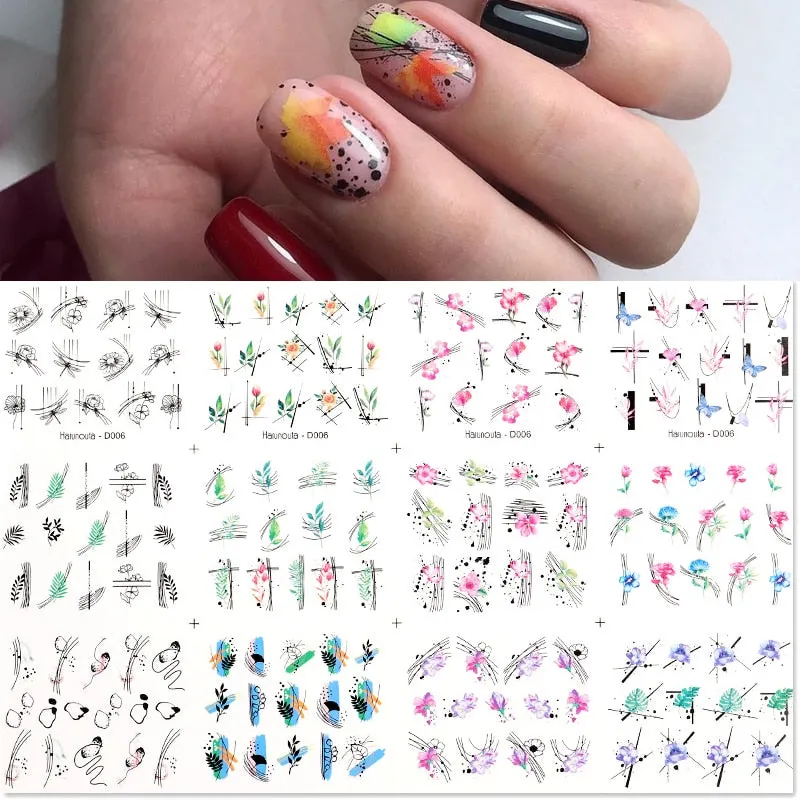 12Pcs Flower Leaf Geometric Lines Water Decals Spring Floral Butterfly Transfer Sliders Paper For Nails Decoration Manicures