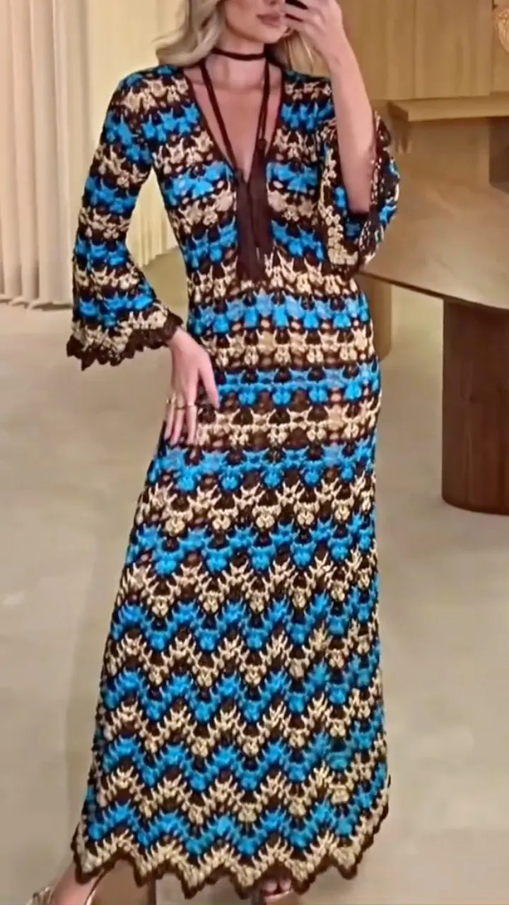 Geometric Crochet V Neck Maxi Dressss