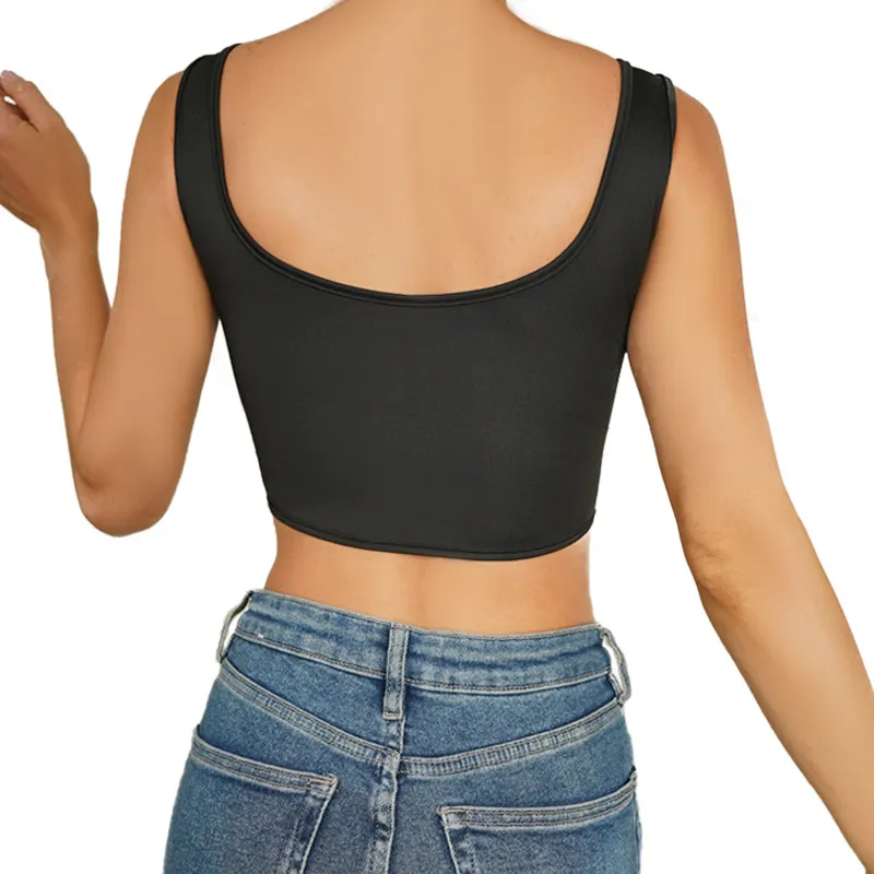 Churchf Churchf Sexy Solid Color Fashion Hot Girl Low Collar Fishbone Slim Black Wide-Shouldered Vest Breasted Chest Top