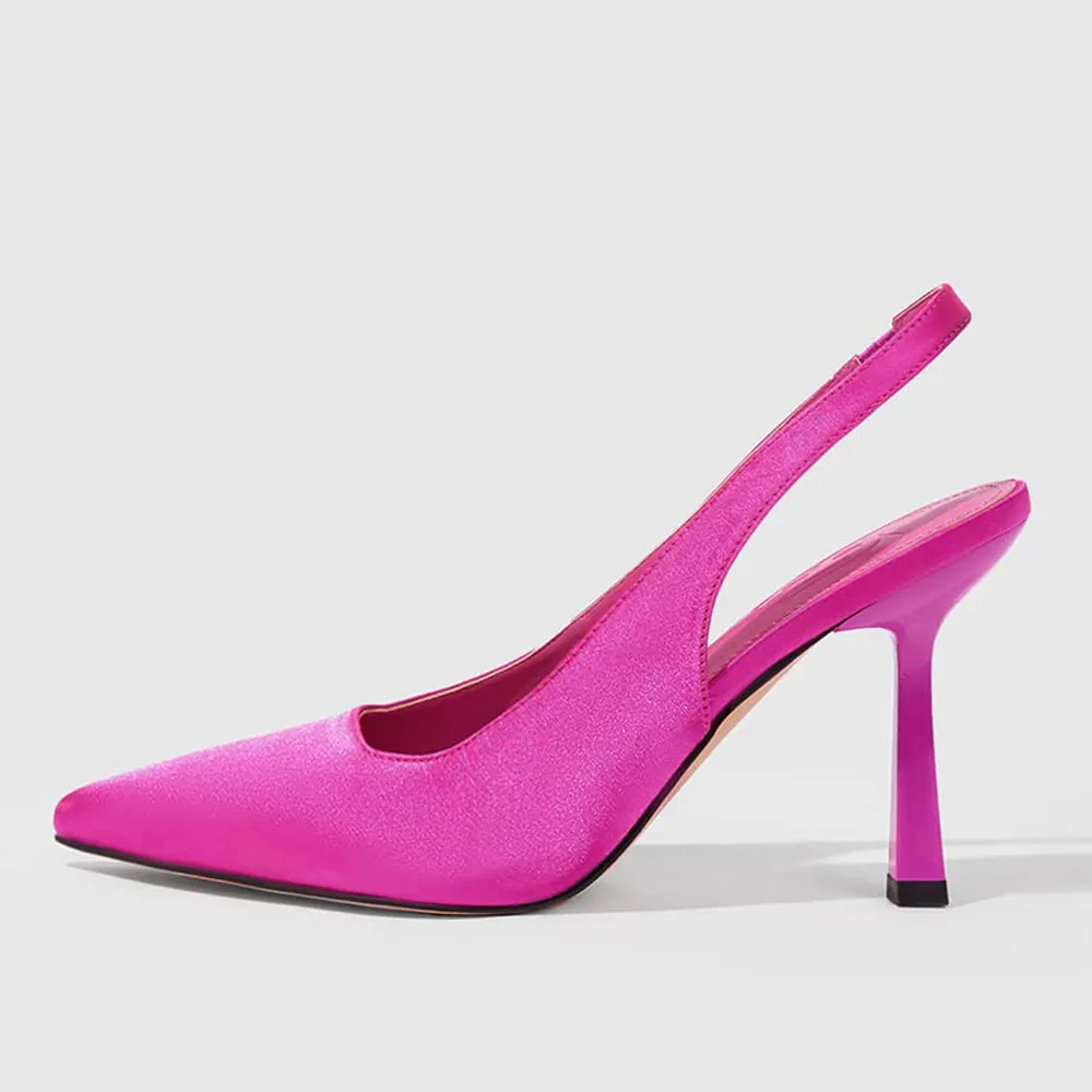 Pink Satin Closed Toe Flared Heel Slingback Pumps with Rhinestone