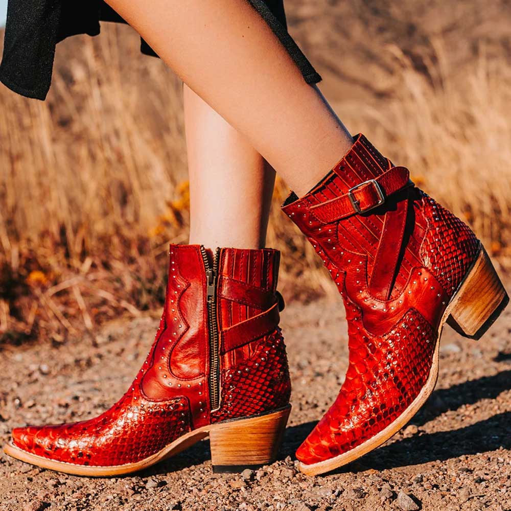 Red Distressed Snip Toe Snake Embossed Heeled Western Boots for Women