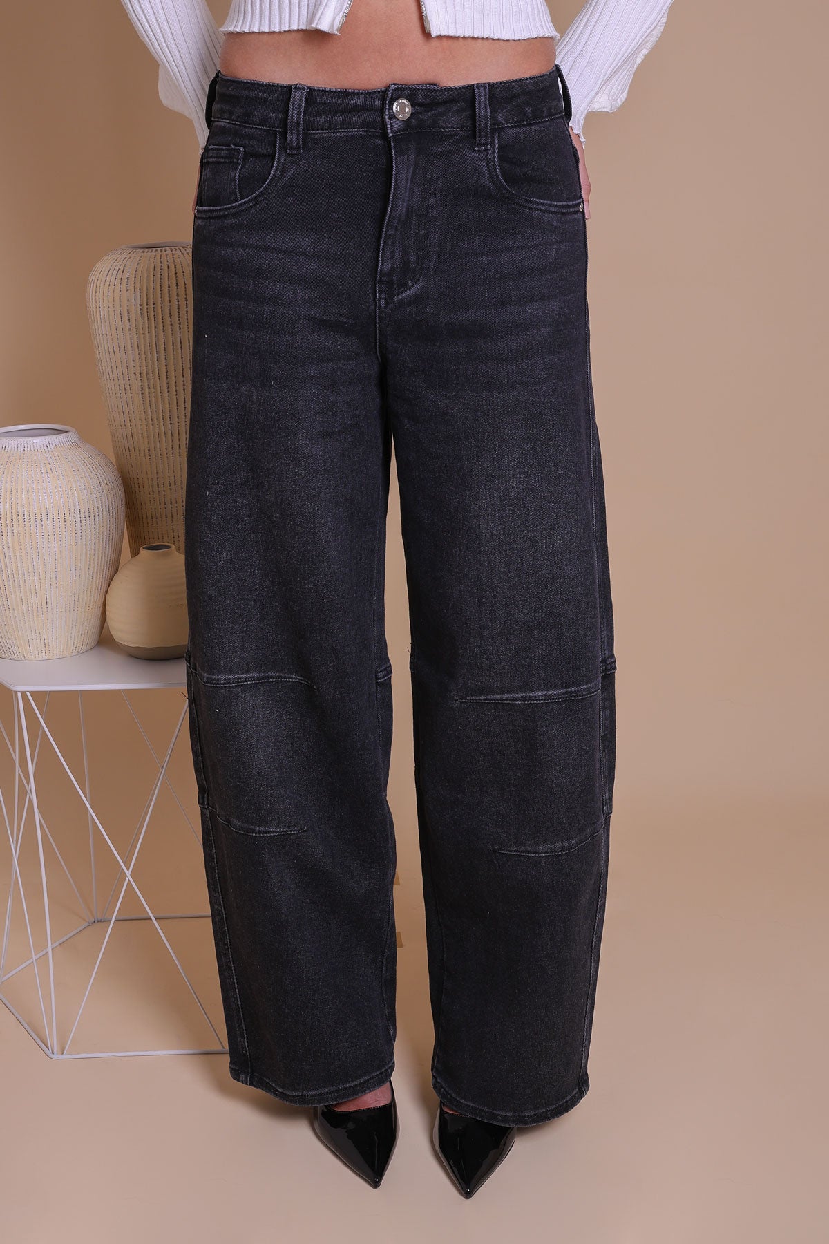 Black Wash Panel Detail Barrel-Leg Jeans