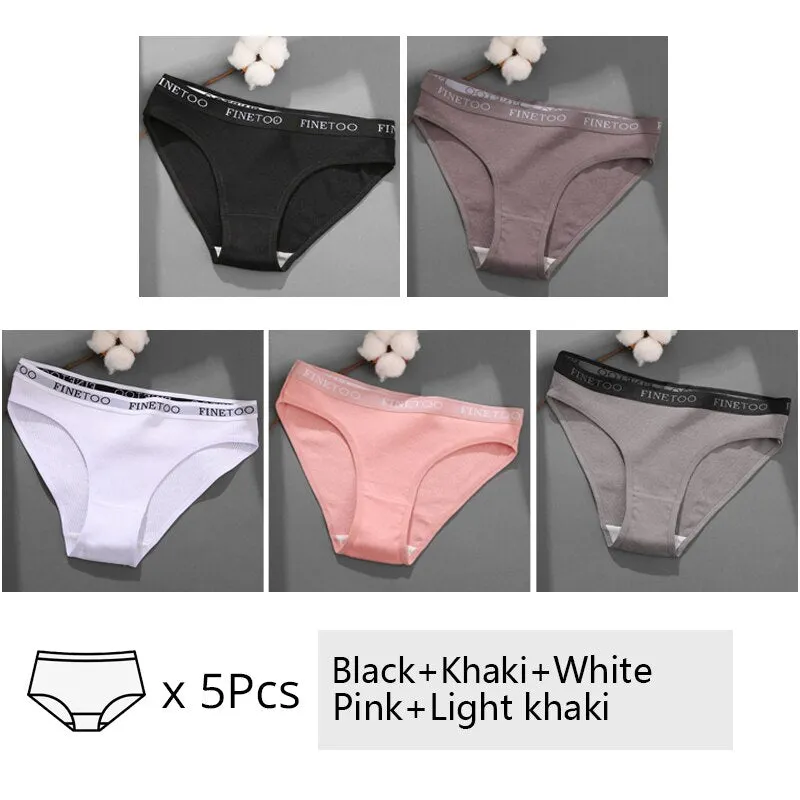 FINETOO 5Pcs/set Cotton Panties Women M-2XL Solid Color Letter Underwear Ladies Low Waist Briefs Plus Size Underpants Lingerie