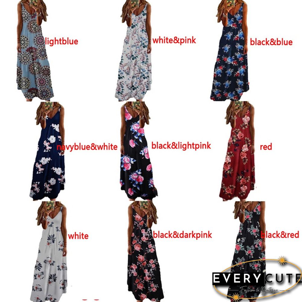 Women's Fashion Summer Sleeveless Floral Printing Sling Dress Deep V-Neck Slim Fit Big Swing Skirts Loose Casual Long Maxi Dresses Ladies Plus Size Party Dresses