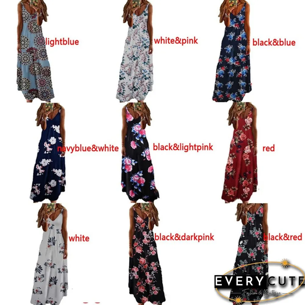 Women's Fashion Summer Sleeveless Floral Printing Sling Dress Deep V-Neck Slim Fit Big Swing Skirts Loose Casual Long Maxi Dresses Ladies Plus Size Party Dresses