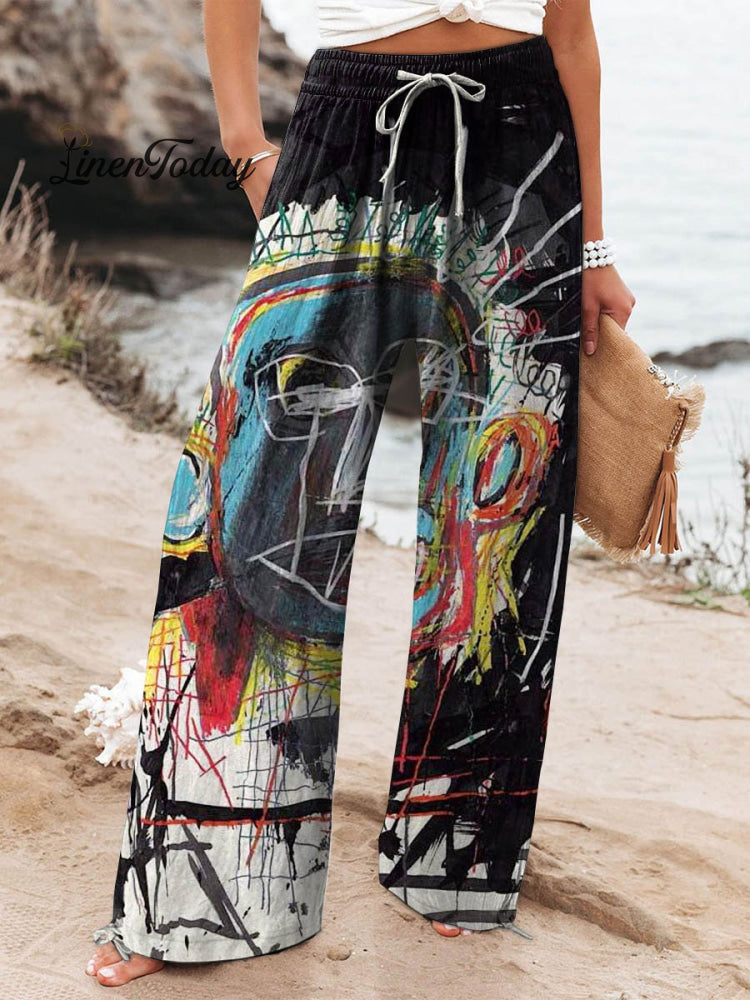 Women&rsquo;s Vintage Abstract Figure Art Printed Cotton And Linen Casual Pants Multicolor / S