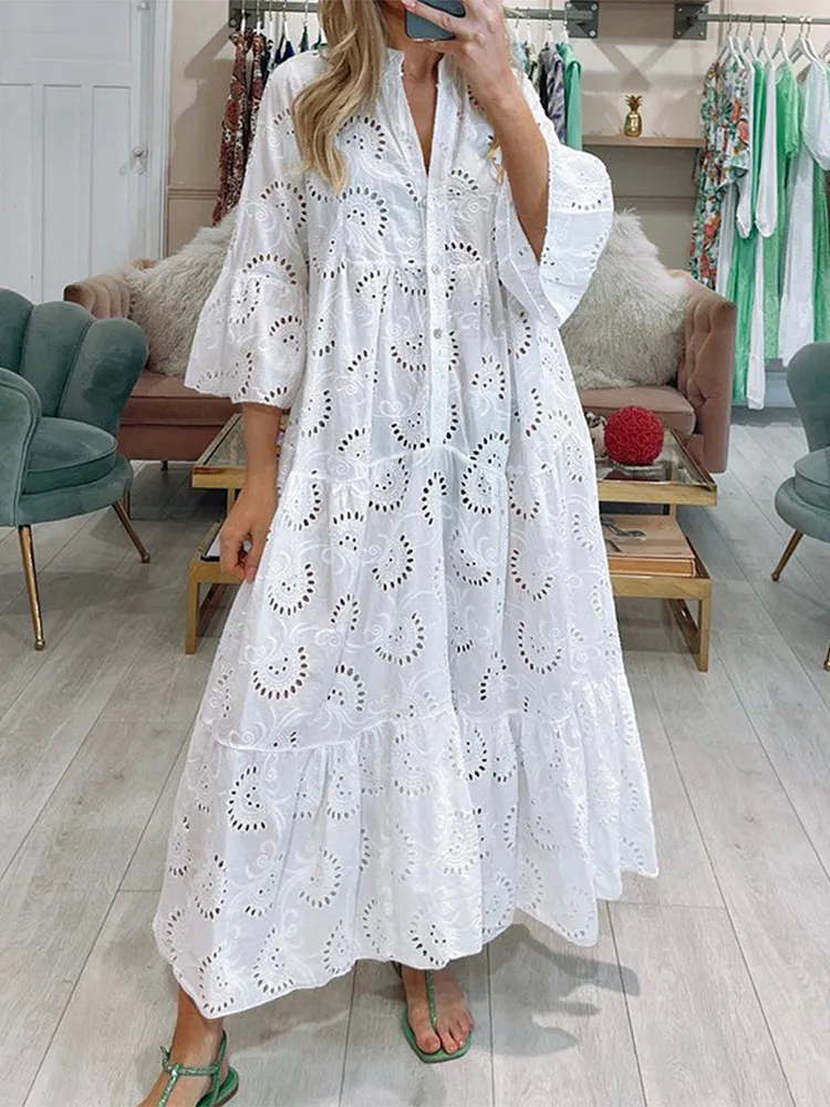 Women's V-neck Trumpet Sleeve Lace Hollow Dress