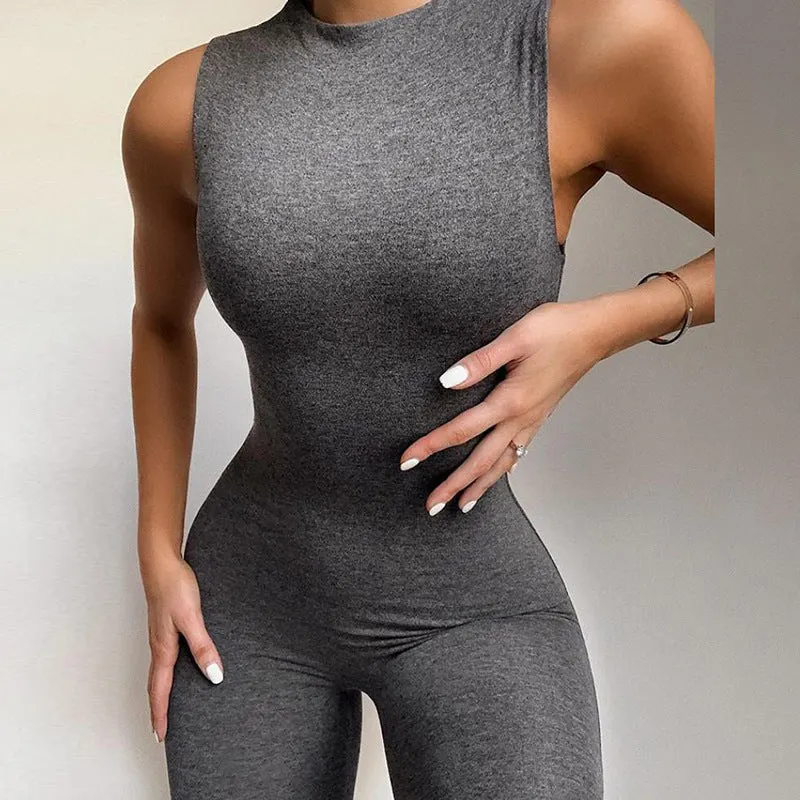 Brownm Suit Summer Polyester Women's Sleeveless Slim High Top Sports Jumpsuit