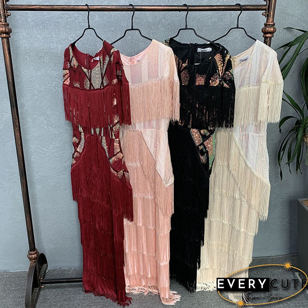 Women Summer Sexy Fringed Embellished Bodycon Celebrity Evening Dress Short Sleeve Fringe Tassel Club Party Dress Vestidos