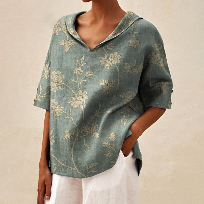Women's Art Print Casual Linen V-Neck Shirt artswardrobe