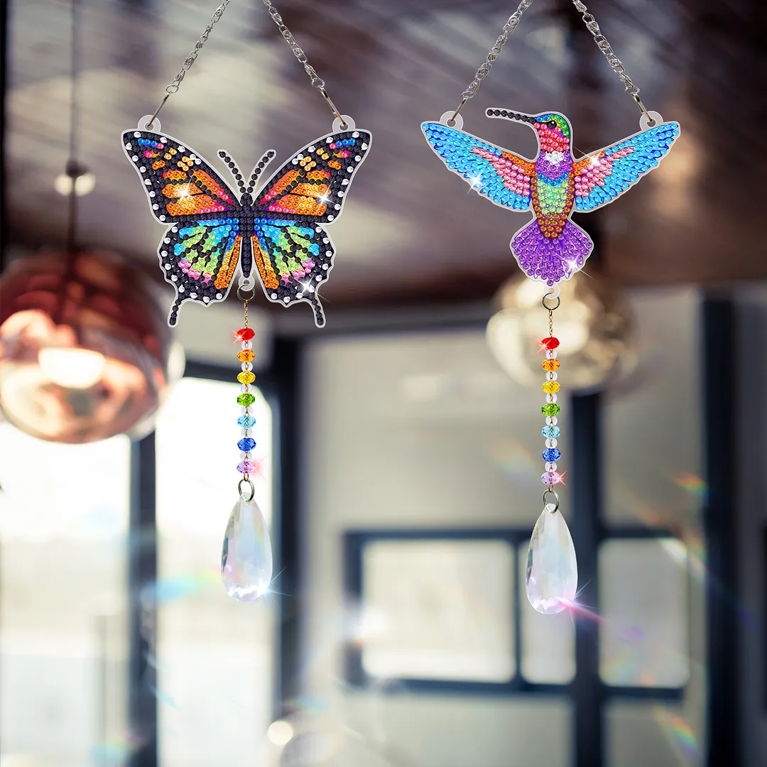 2Pcs Beautiful Butterflies and Hummingbirds DIY Double-Sided Diamond Painting Hanging Kits Diamond Painting Suncatcher Craft Kit for Home Garden Wall Decor Gift