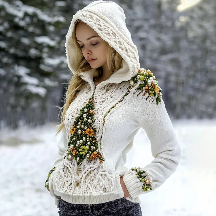 Women's Christmas Tree Embroidery Art Comfort Hooded Sweatshirt