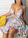 Halterneck Hollow Falbala Backless Floral Print Mini Dress